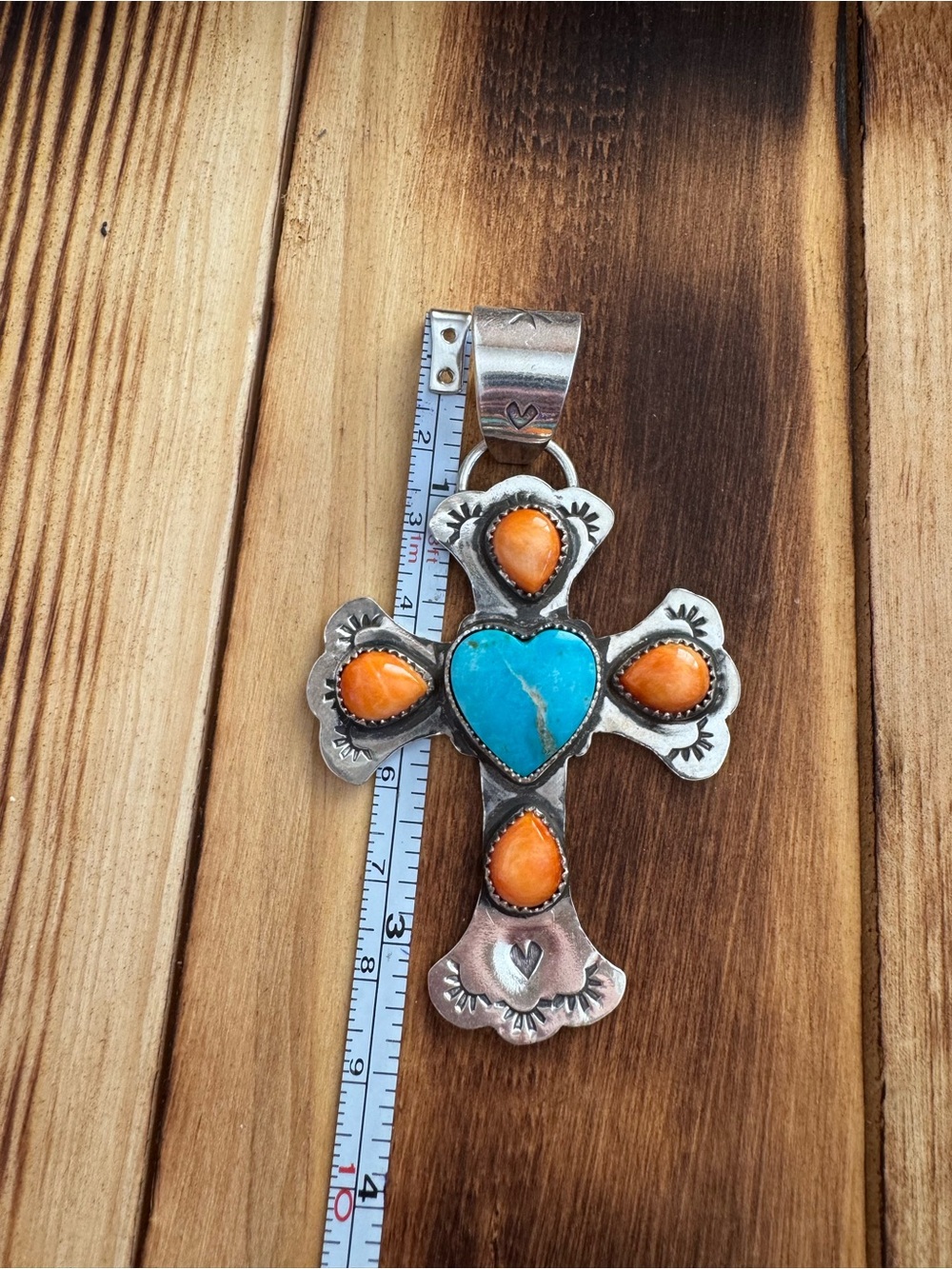 Sterling Cross Pendant with Turquoise Heart and Orange Spiny Accents - Picture 7 of 7